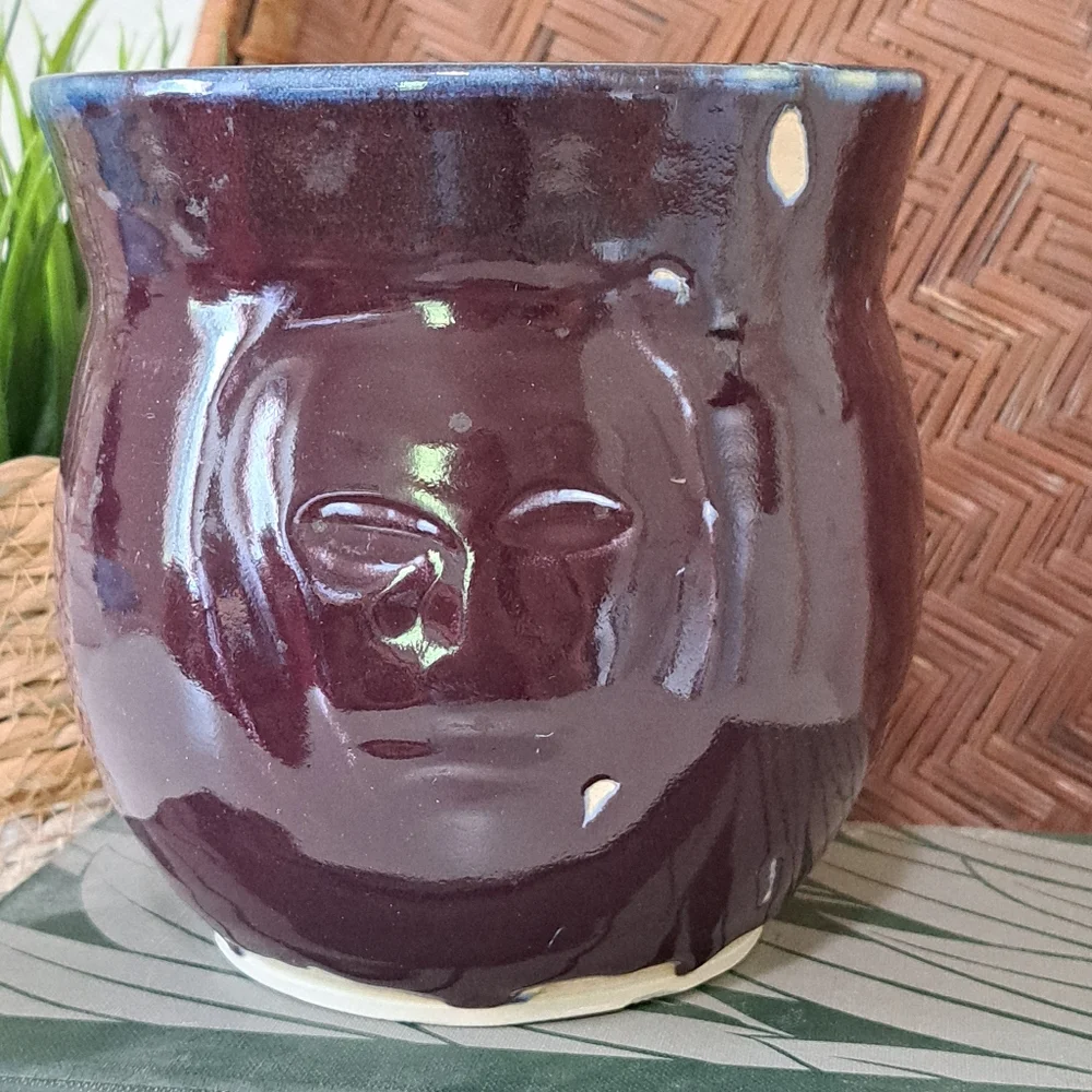 Student Studio Art Pottery Vase w/Face Signed by Artist DMG Purple Drip Glaze